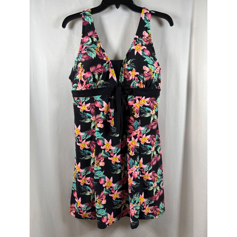 Wantdo Women Tropical Floral‎ Swim Dress Black Pink Plus Size 18W-20W NWT
